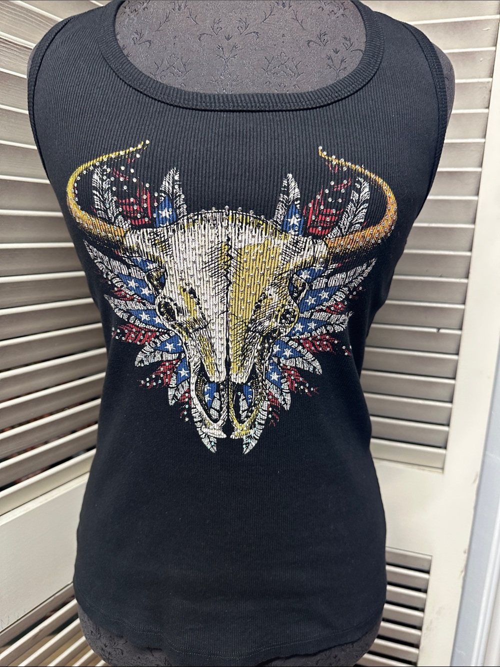 Black Studded Bull Skull Graphic Tank Top